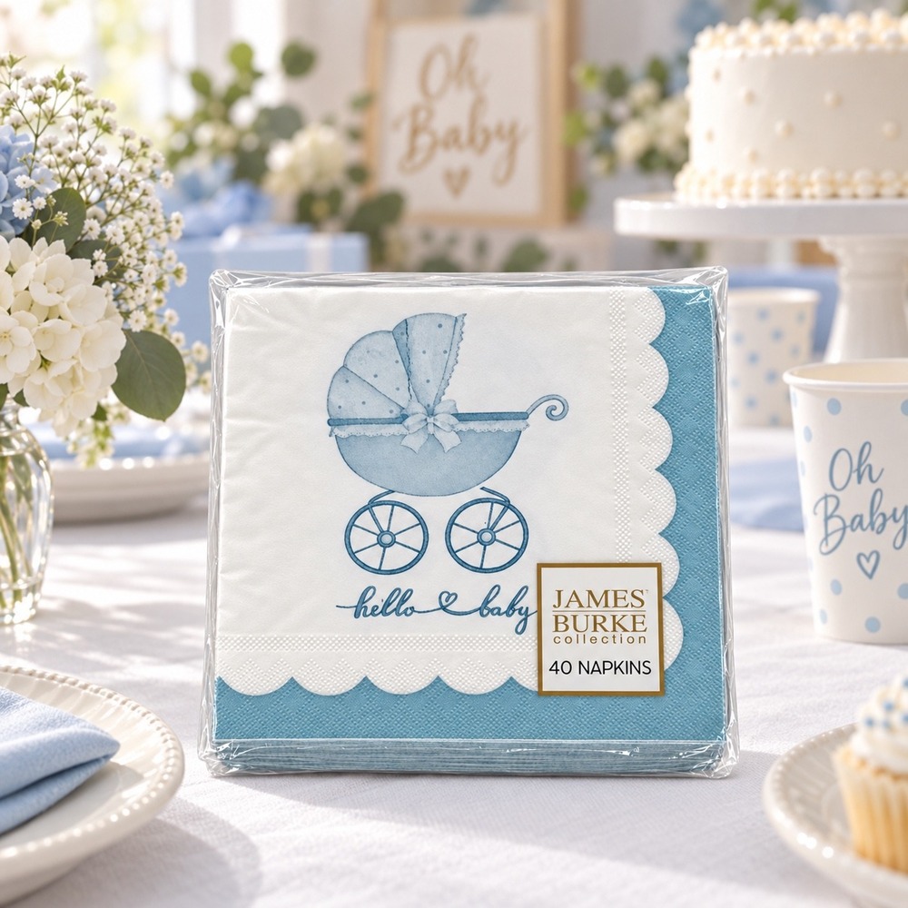 James Burke Collection 40ct Hello Baby Blue Carriage Paper Napkins 110-81